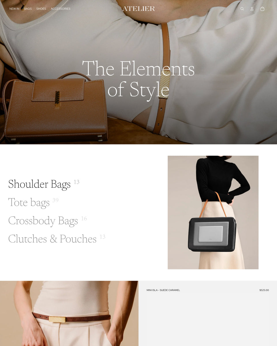 Atelier by Shopify: a fashion and accessories demo with a large product image and clear collection links.